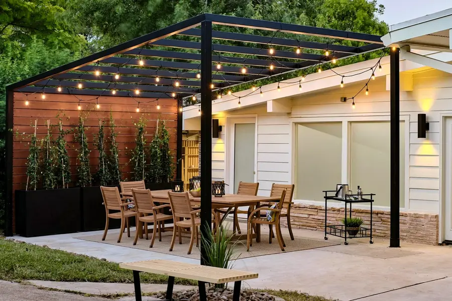 Cedar Pergola with Hanging Edison Bulbs