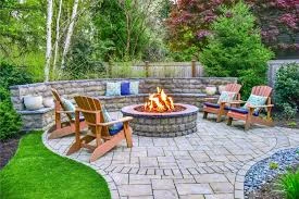 Flagstone Fire Pit Patio with Wooden Seating
