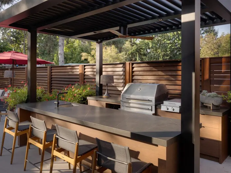 Modern Black Pergola with Stainless Steel Appliances