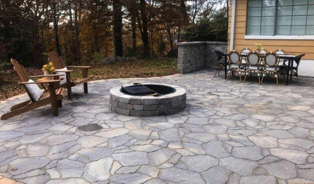 Rustic Circular Flagstone Patio with Fire Pit