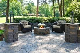 Stone Fire Pit with Barrel Stools