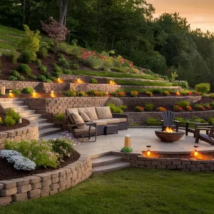 26 Sloped Yard Landscaping Ideas for Retaining Walls, Fire Pits, Boulders, Steps & Stairs