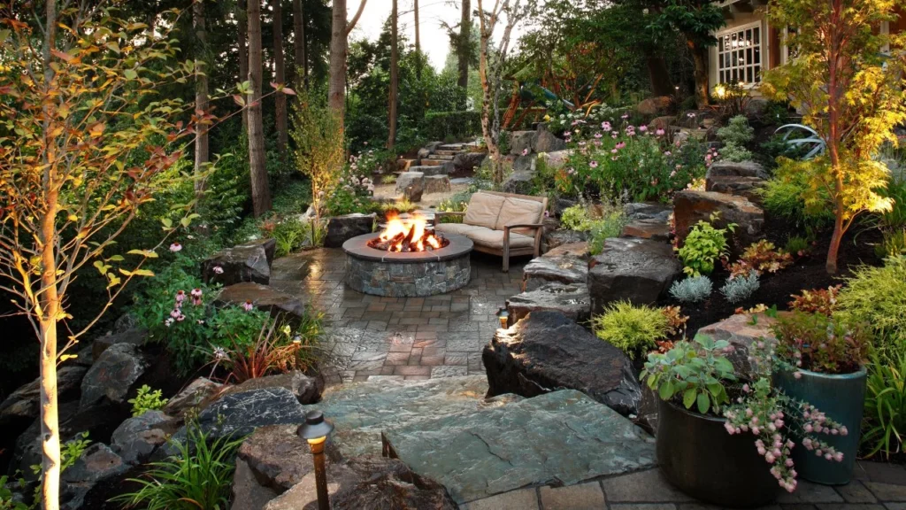 Brick-Layered Patio with Lush Greenery