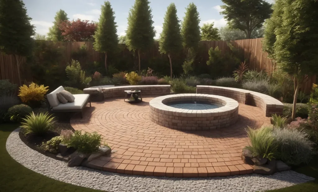  Circular Red Brick Fire Pit with Integrated Planters