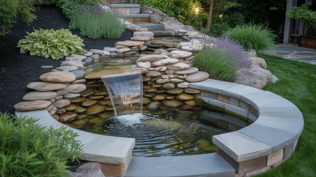 Curved Stone Waterfall with Seating