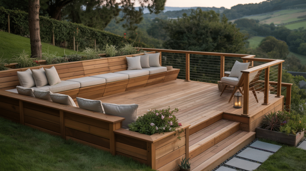 Elegant Hillside Deck with Built-In Seating for Sloped Yard Deck Ideas