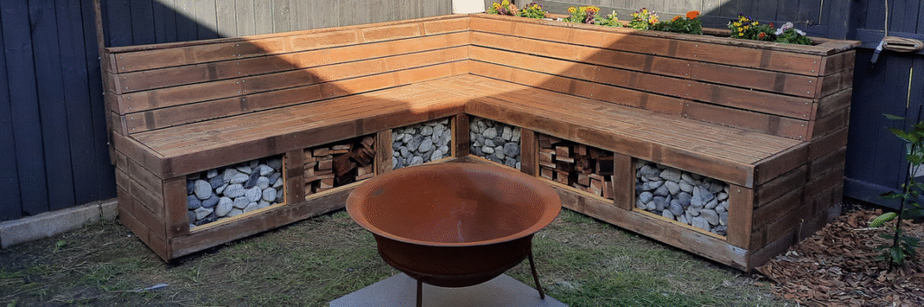 Fire Pit with Built-In Log Storage Benches