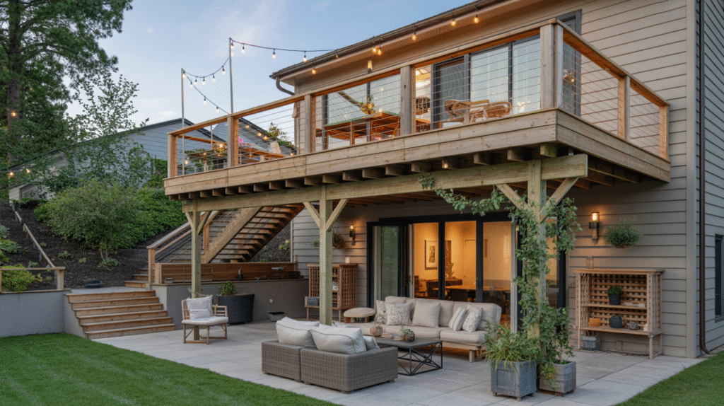 High-Raised Deck with Ground-Level Patio