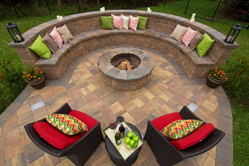 Large Red Brick Circular Fire Pit with Multi-Tiered Seating