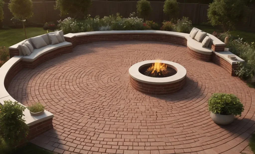 Oversized Red Brick Circular Fire Pit with Metal Seating Accents