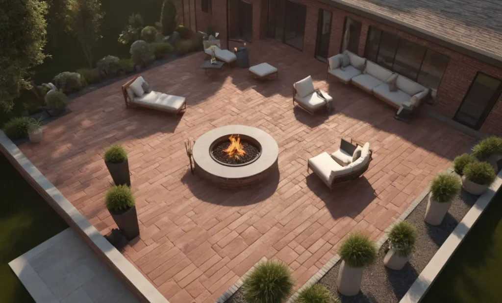 Oversized Red Brick Circular Fire Pit with Water Feature Accents