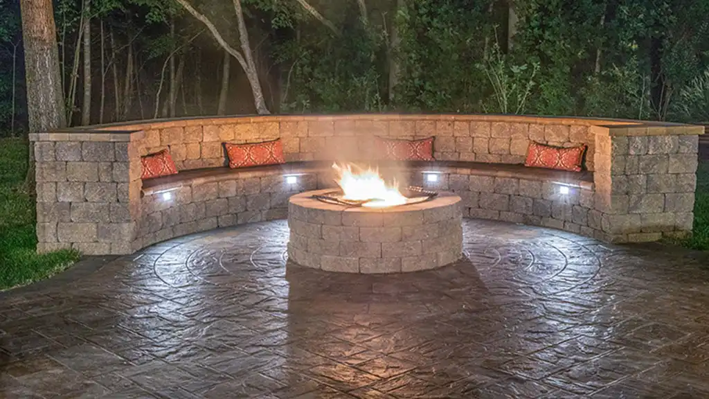  Red Brick Circular Fire Pit with Concrete Seating Platforms