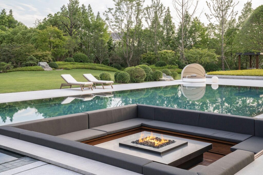 Sunken Fire Pit with Glass Rail Perimeter