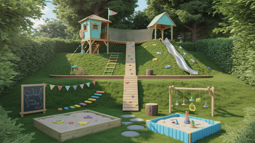 Terraced Adventure Levels for Sloped BackYard Play Area Ideas for Kids