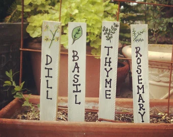 Wooden Herb Markers with Built-In Hooks