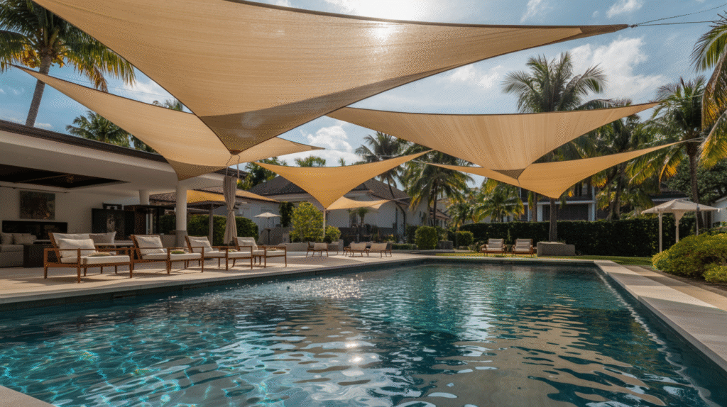 Triangle Shade Sails Over a Large Pool