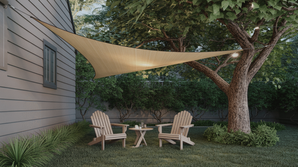 Shade Sail Between the House and a Tree