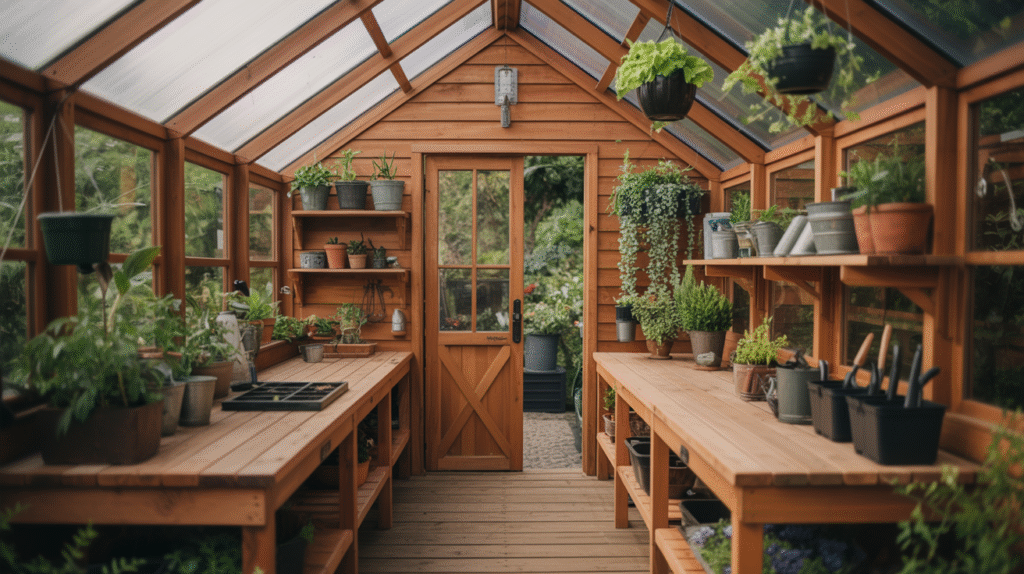 Cedar-Clad Greenhouse Shed with Built-In Potting Station