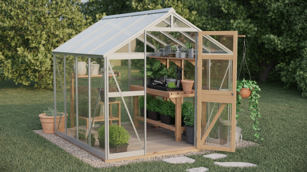 Compact Greenhouse Potting Shed Ideas on a Gravel Base