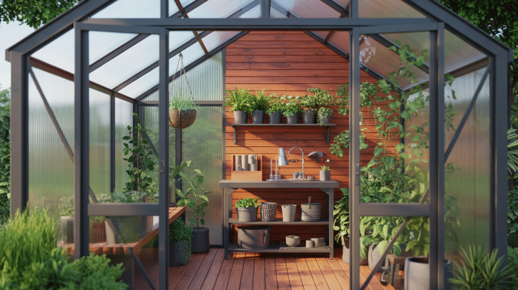 Compact Modern Greenhouse with Cedar Accent Wall