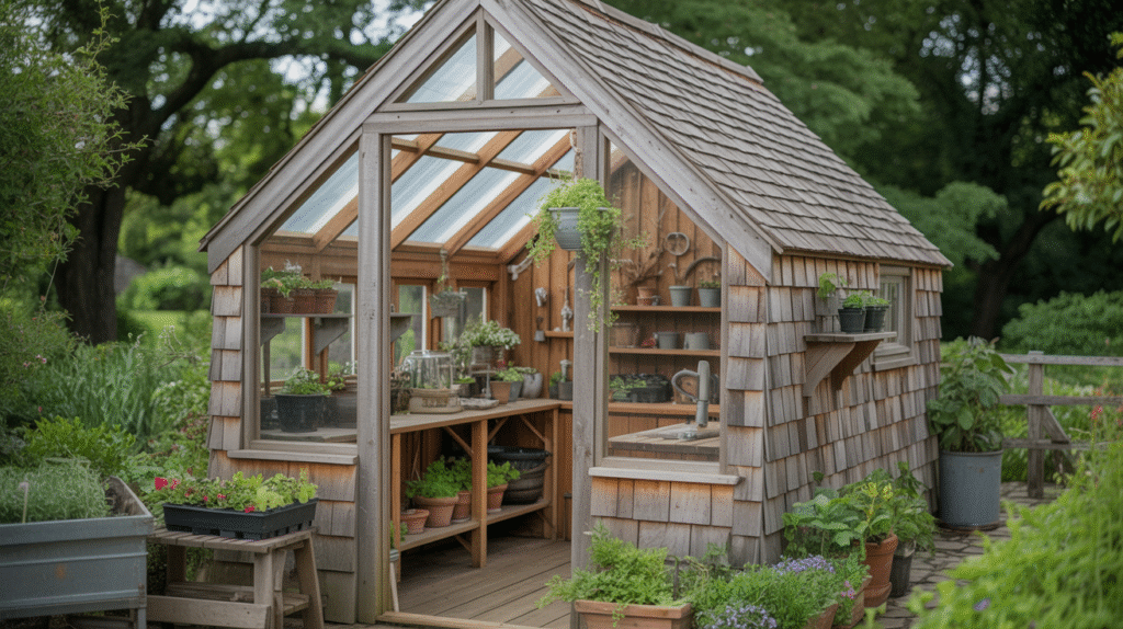 Cottage-Style Cedar Shingle Greenhouse Shed