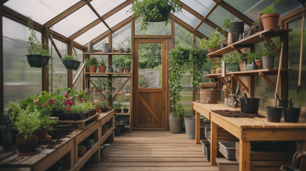 Cozy Greenhouse Potting Shed Ideas with Warm Wood Flooring