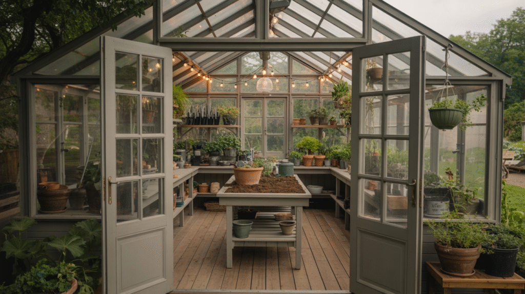 Elegant Greenhouse Shed with French Doors and String Lights