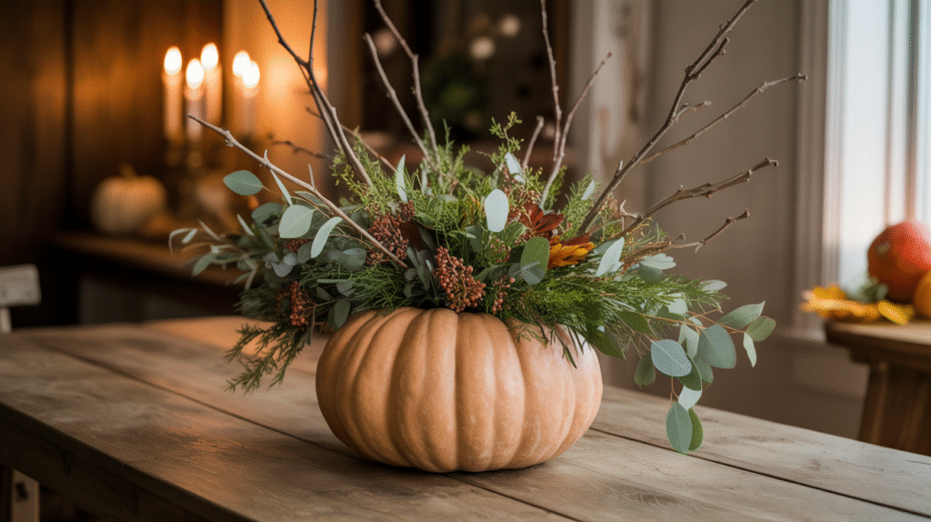 Greenery and Twig-Centered Pumpkin Arrangement