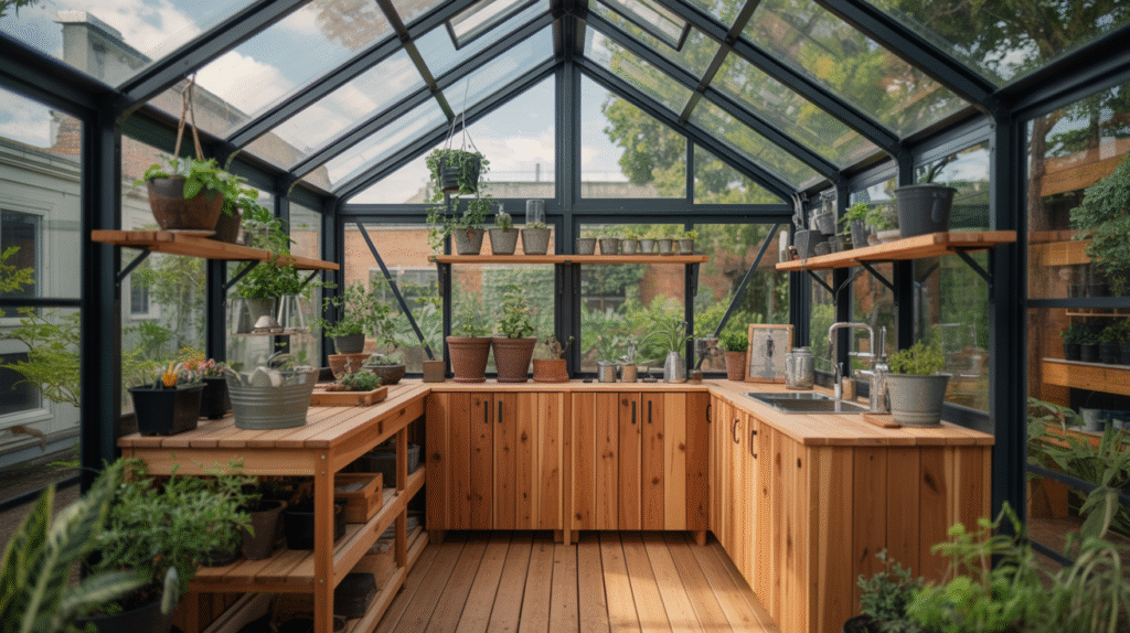 Modern Glass Greenhouse with Cedar Storage Combo
