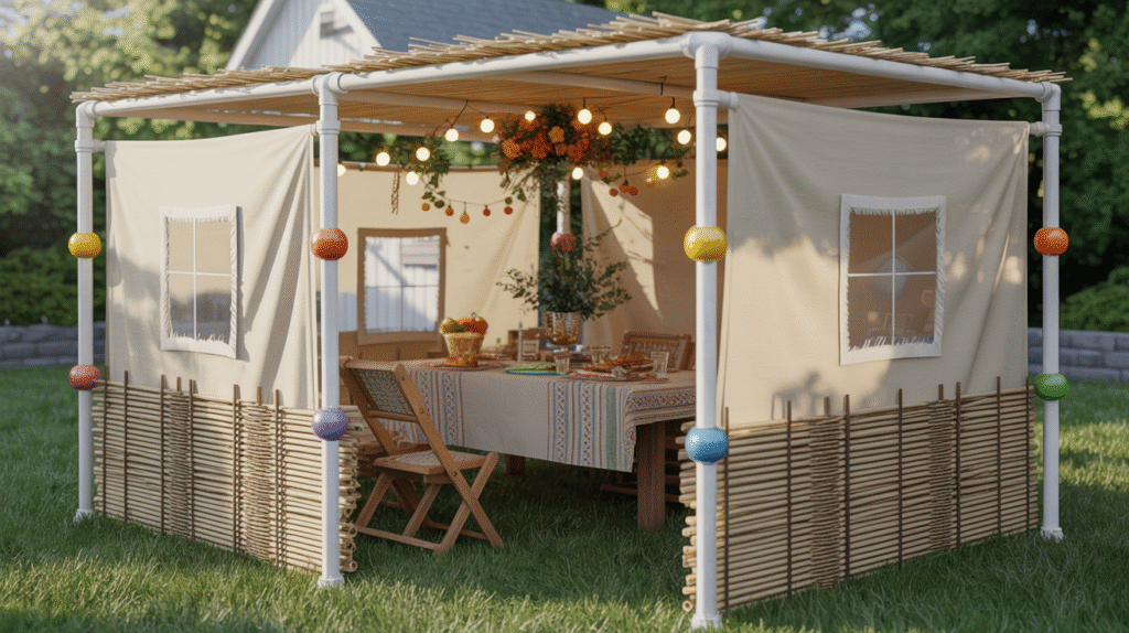  PVC Sukkah Plan with Canvas Tarps, Reed Mats, and Ball Bungees
