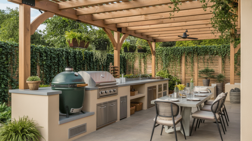 Pergola-Enhanced Big Green Egg Grill Patio Ideas
