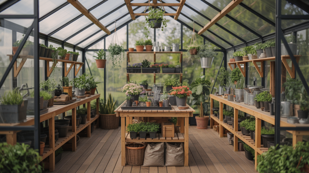 Stylish Greenhouse Potting Shed with Central Worktable