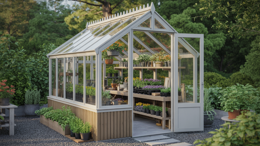 Tall Gable Roof Greenhouse Shed with Skirted Base