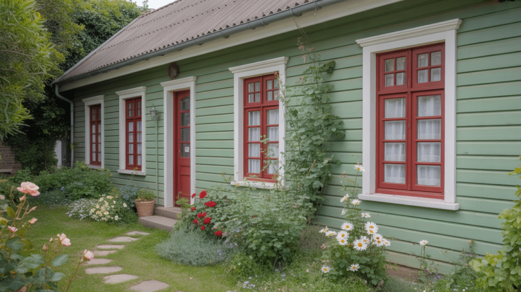 Tea Green with Red Window Frames/