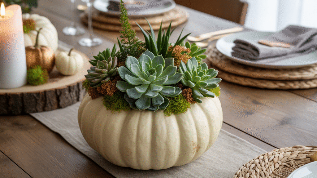 White Pumpkin and Succulent Arrangement