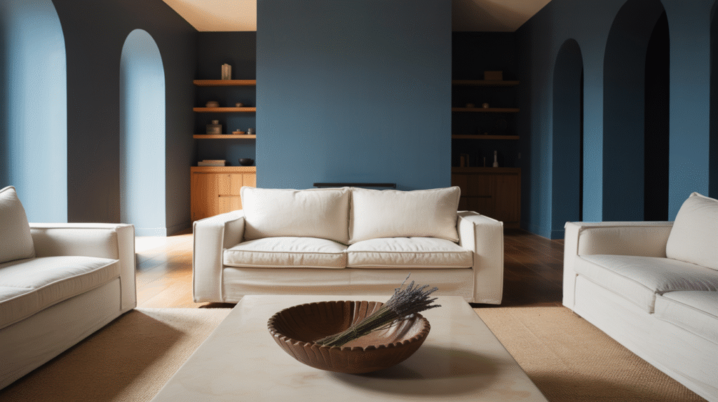 Indigo Blue with Cream and Wood Accents