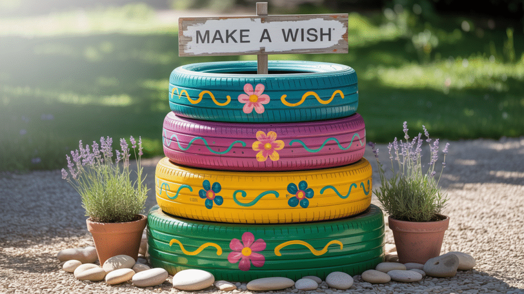 Painted Tire Planter as a Wishing Well