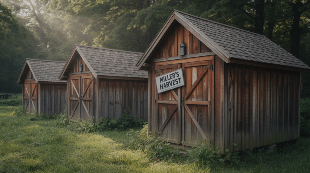 Stained Sheds with Wide Overhangs
