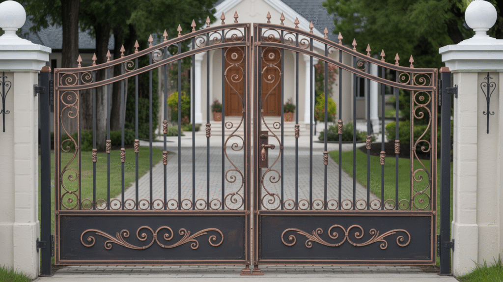 Ornamental Iron Driveway Gates with Copper Accents
