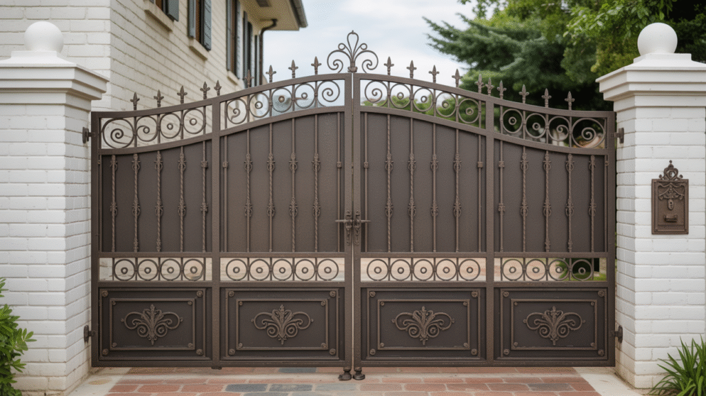 Ornamental Iron Gate with Privacy Panels