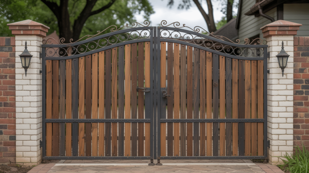 Ornamental Wrought Iron Gate with Wood Slats