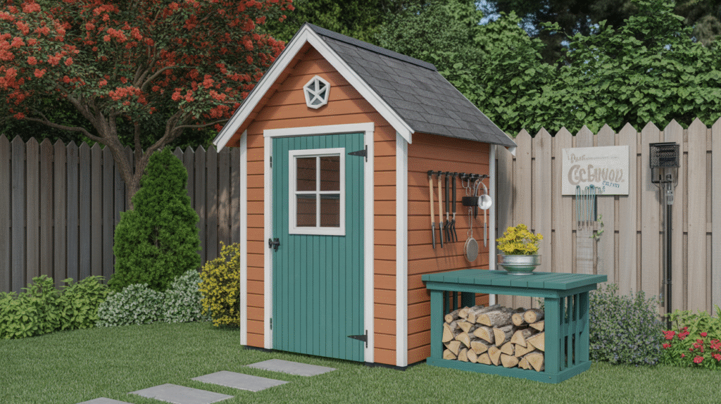 Colorful Garden Tool Shed with Log Storage