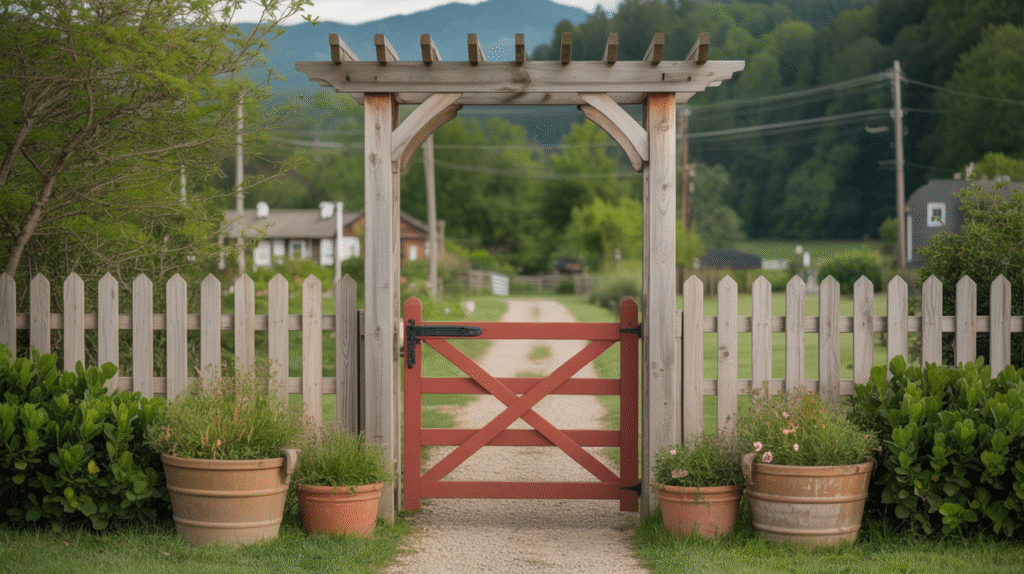 Red Gate with Rustic Wood Arbor