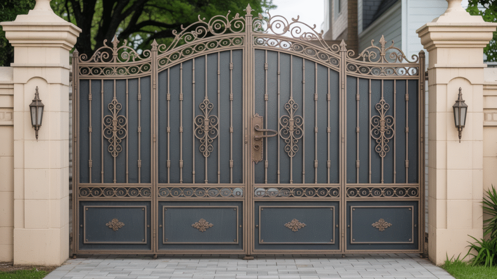 Ornamental Wrought Iron Gate with Privacy Screen