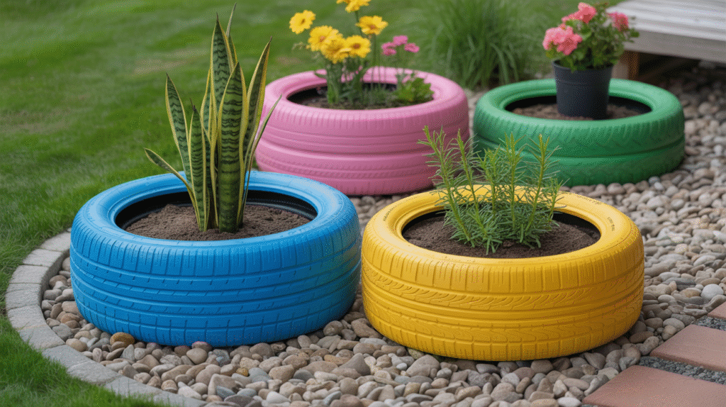 Painted Tire Pots with Decorative Rocks