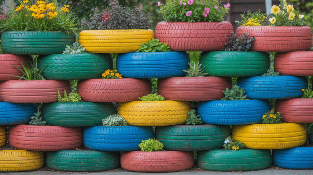 Stacked Tire Planters for Vertical Gardens