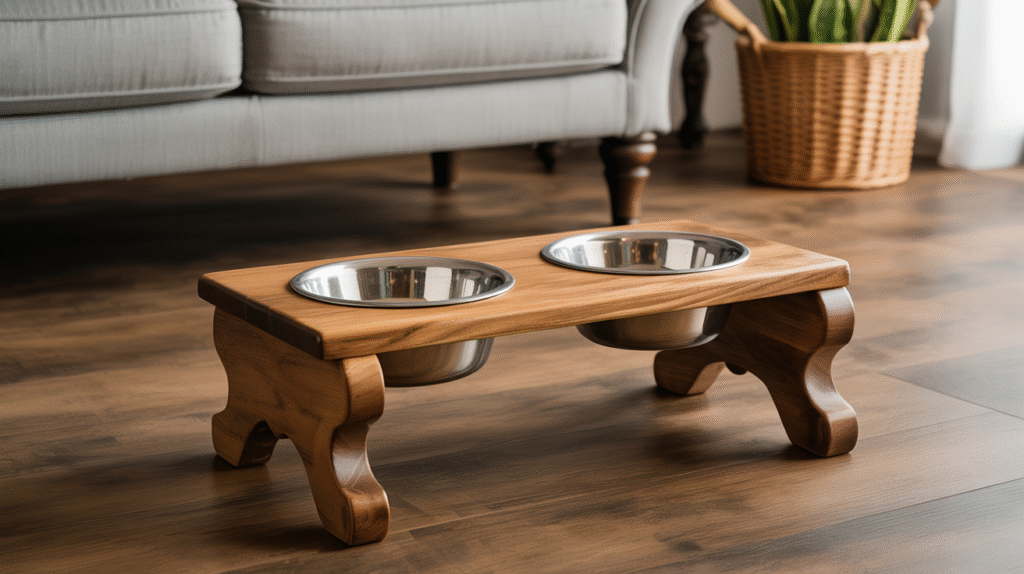 Wooden 2-Bowl Feeding Station with Decorative Feet