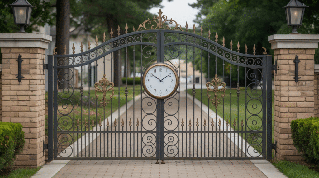 Ornamental Wrought Iron Gate with a Clock Feature