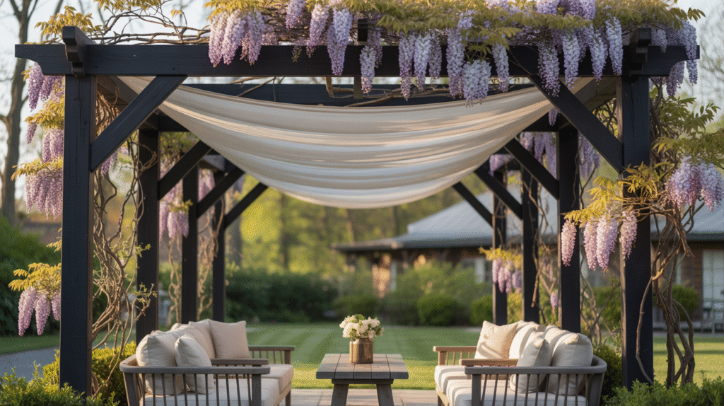 Wisteria-Draped Wood and Metal Fusion
