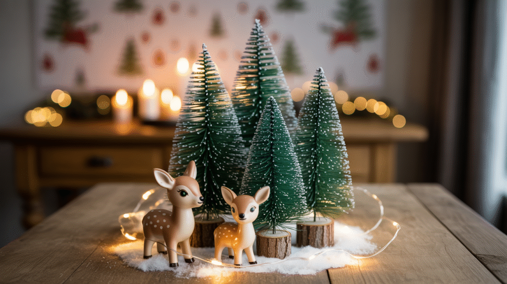 Design a mini winter wonderland with figurines and trees